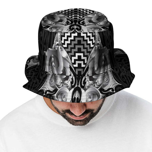 Aotearoa Kowhaiwhai Poutama Black Motif Bucket Hat