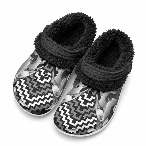 Aotearoa Kowhaiwhai Poutama Black Motif Fleece Clogs