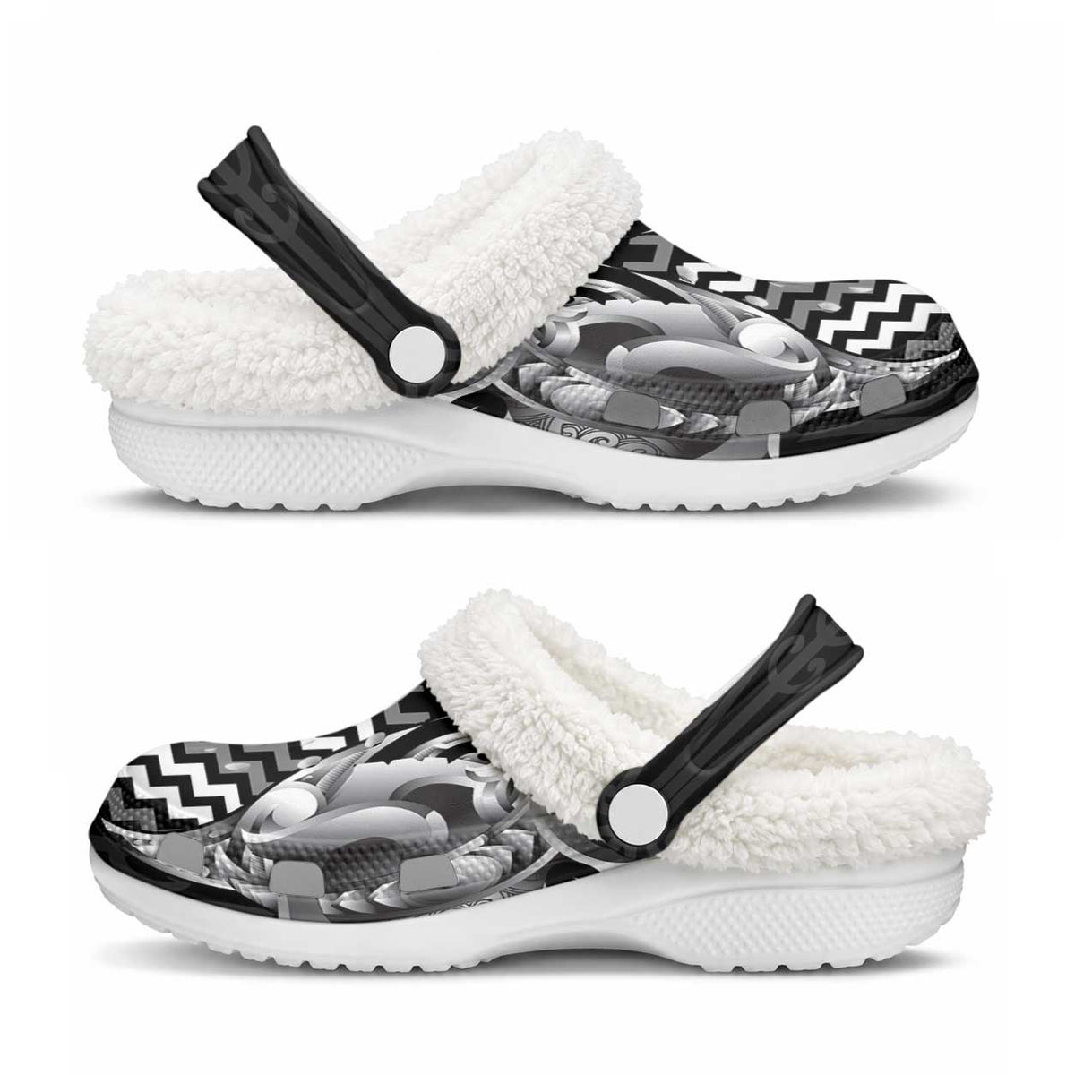 Aotearoa Kowhaiwhai Poutama Black Motif Fleece Clogs