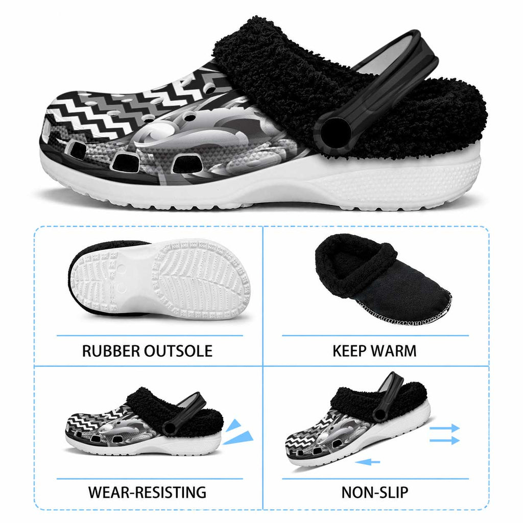 Aotearoa Kowhaiwhai Poutama Black Motif Fleece Clogs