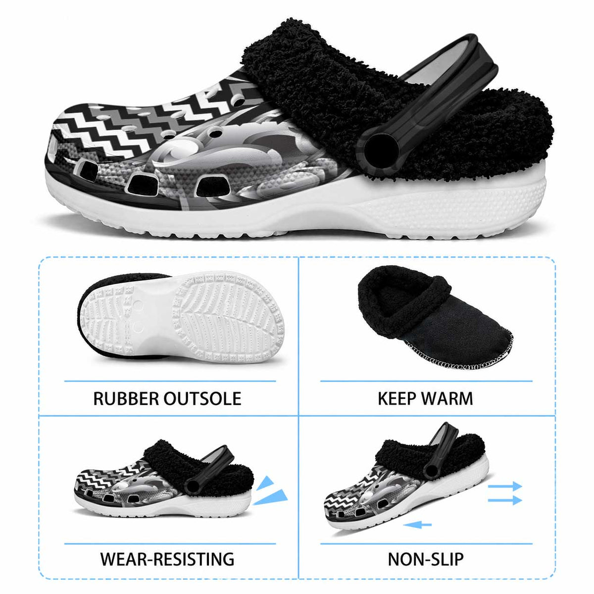 Aotearoa Kowhaiwhai Poutama Black Motif Fleece Clogs