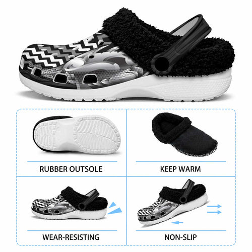 Aotearoa Kowhaiwhai Poutama Black Motif Fleece Clogs