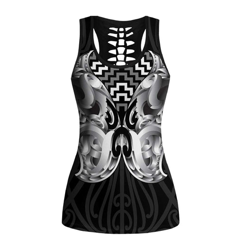 Aotearoa Kowhaiwhai Poutama Black Motif Hollow Tank Top