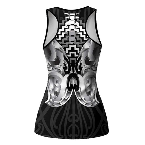 Aotearoa Kowhaiwhai Poutama Black Motif Hollow Tank Top