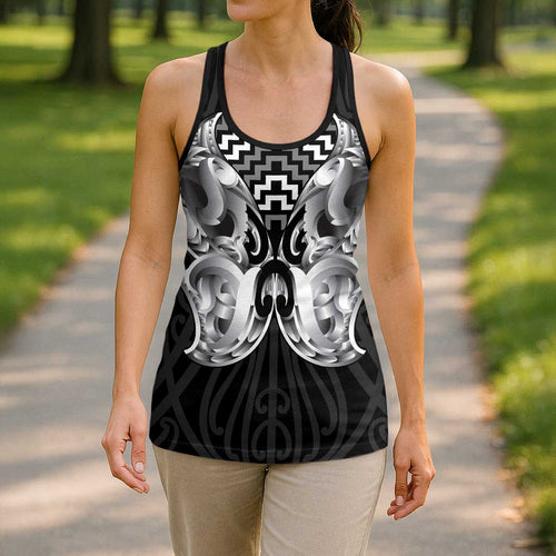 Aotearoa Kowhaiwhai Poutama Black Motif Hollow Tank Top
