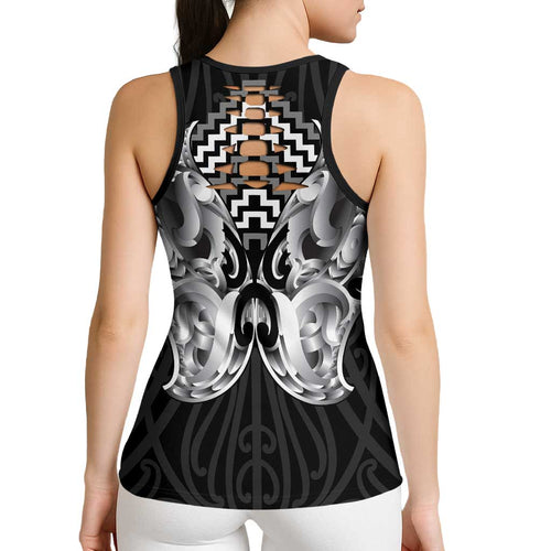 Aotearoa Kowhaiwhai Poutama Black Motif Hollow Tank Top