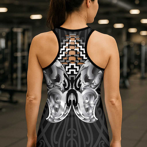 Aotearoa Kowhaiwhai Poutama Black Motif Hollow Tank Top