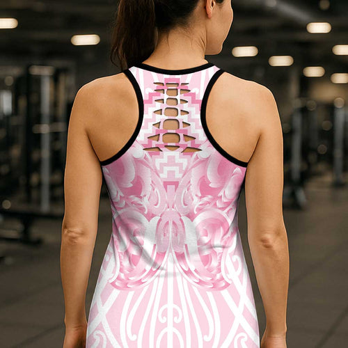 Aotearoa Kowhaiwhai Poutama Pink Motif Hollow Tank Top