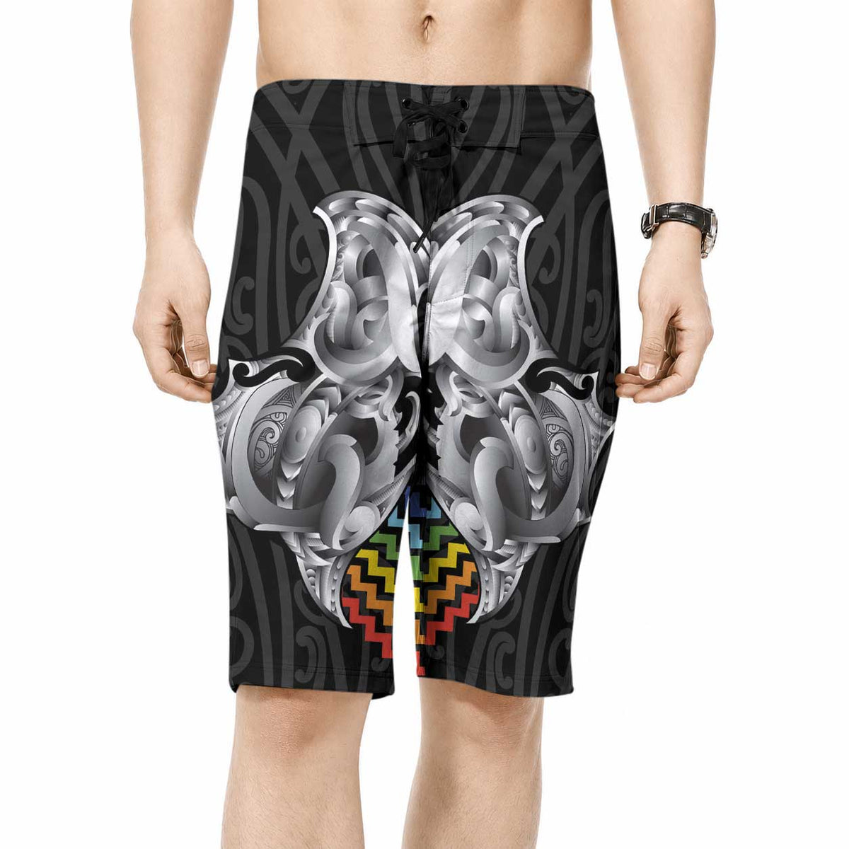 Aotearoa Kowhaiwhai Poutama Rainbow Motif Board Shorts