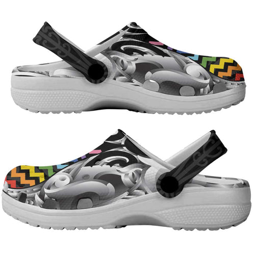 Aotearoa Kowhaiwhai Poutama Rainbow Motif Clogs Shoes
