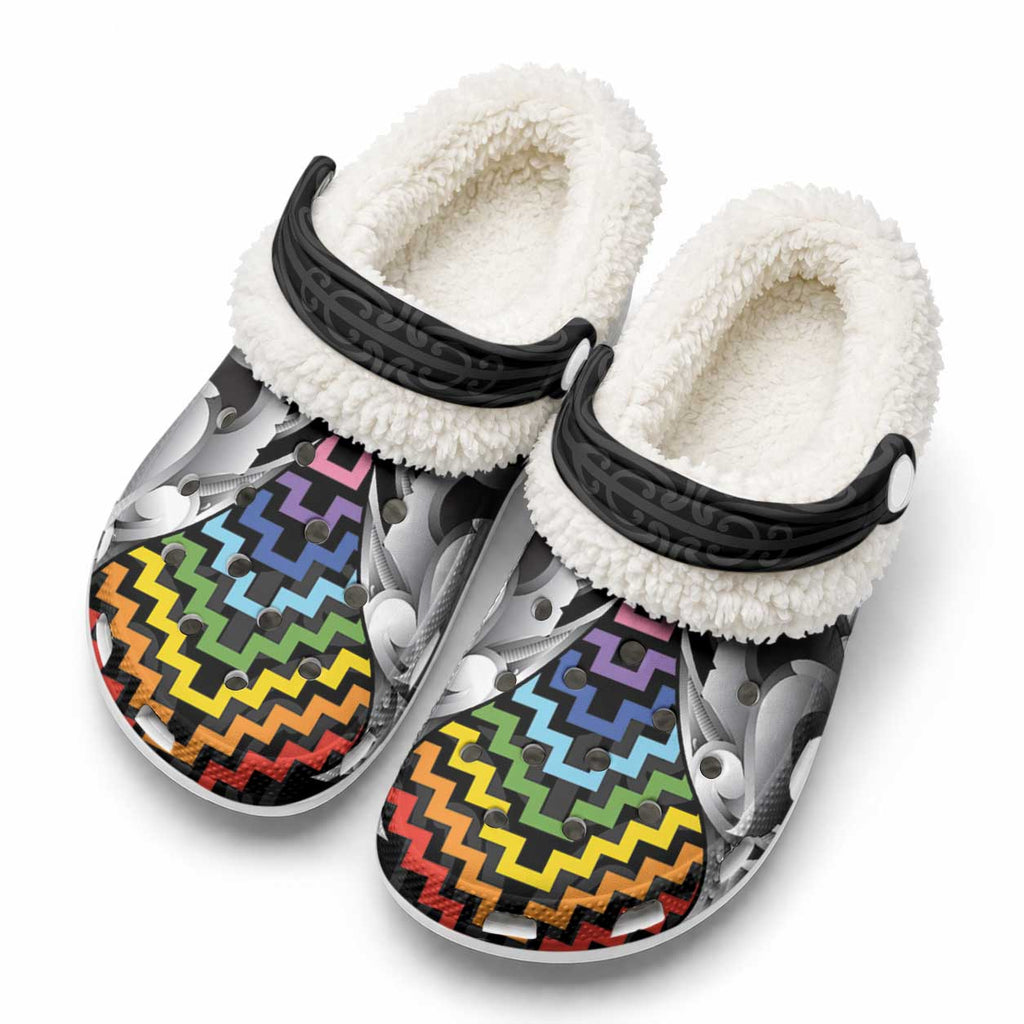 Aotearoa Kowhaiwhai Poutama Rainbow Motif Fleece Clogs