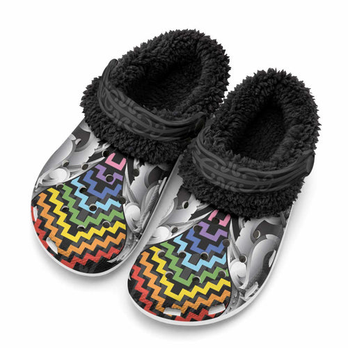Aotearoa Kowhaiwhai Poutama Rainbow Motif Fleece Clogs