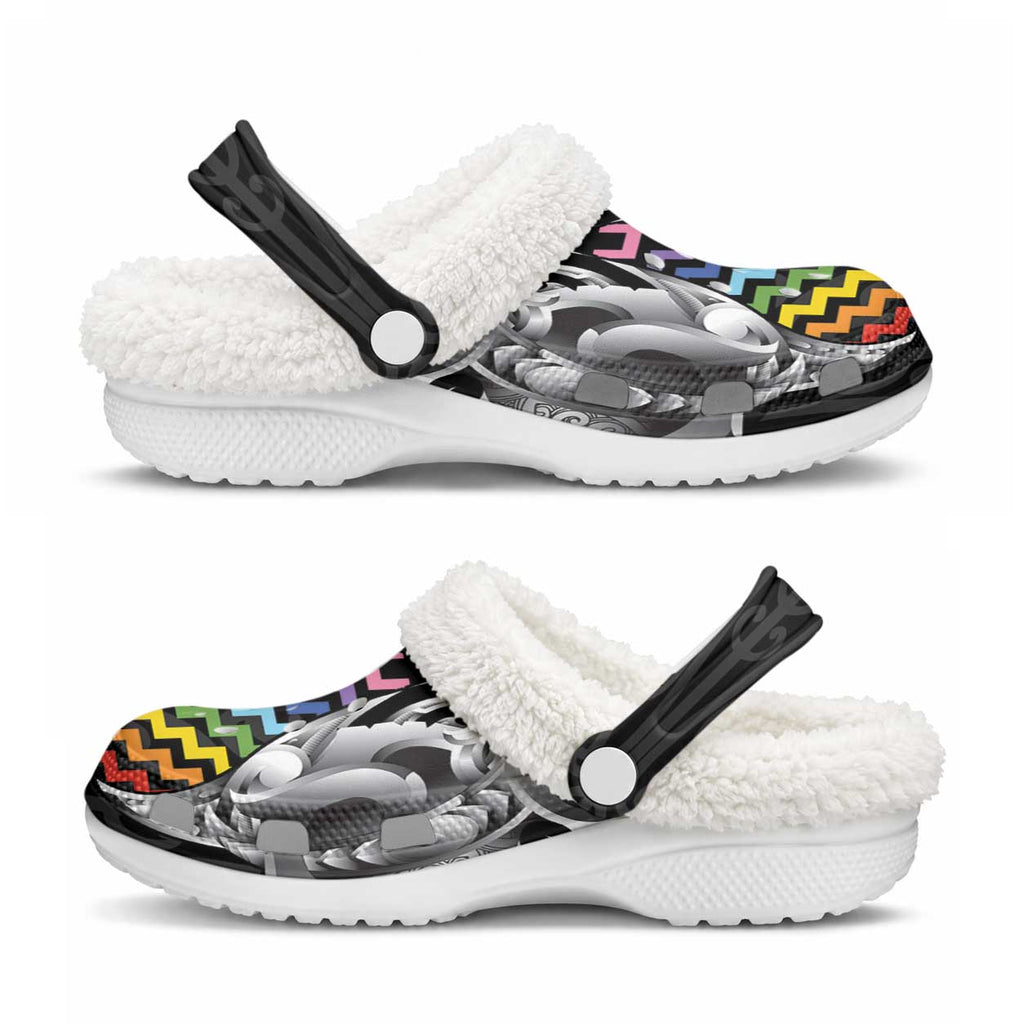 Aotearoa Kowhaiwhai Poutama Rainbow Motif Fleece Clogs