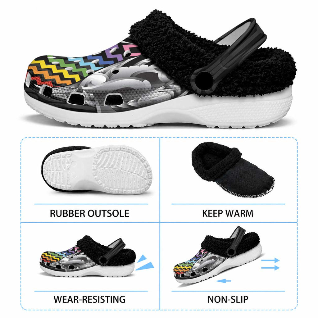 Aotearoa Kowhaiwhai Poutama Rainbow Motif Fleece Clogs