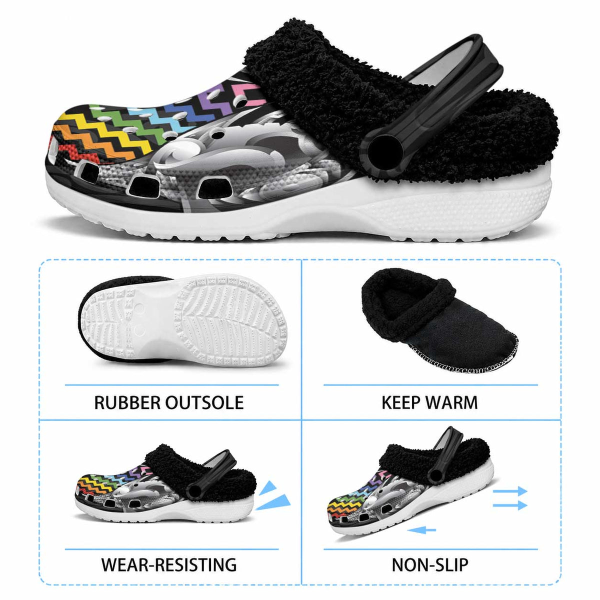 Aotearoa Kowhaiwhai Poutama Rainbow Motif Fleece Clogs