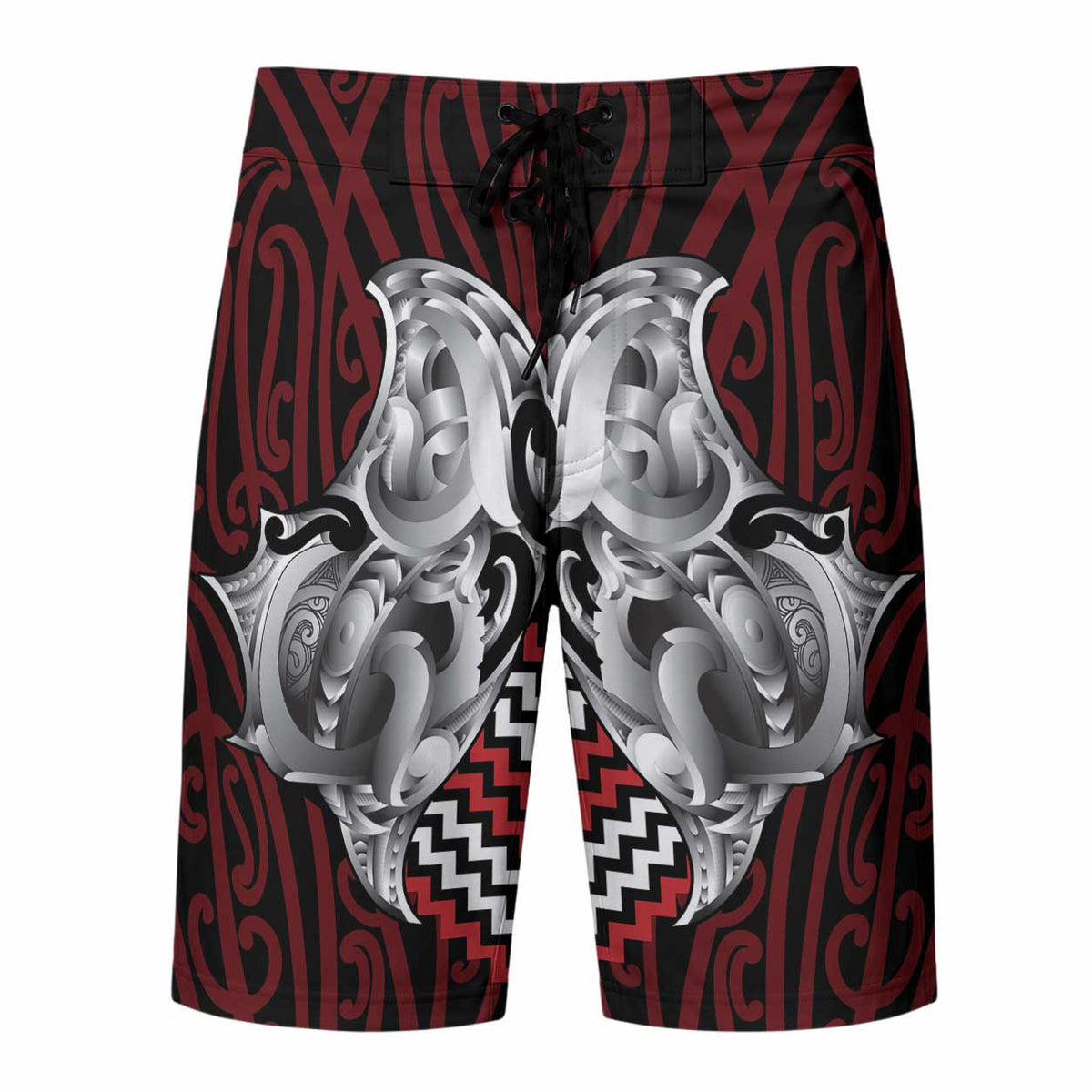 Aotearoa Kowhaiwhai Poutama Red Motif Board Shorts