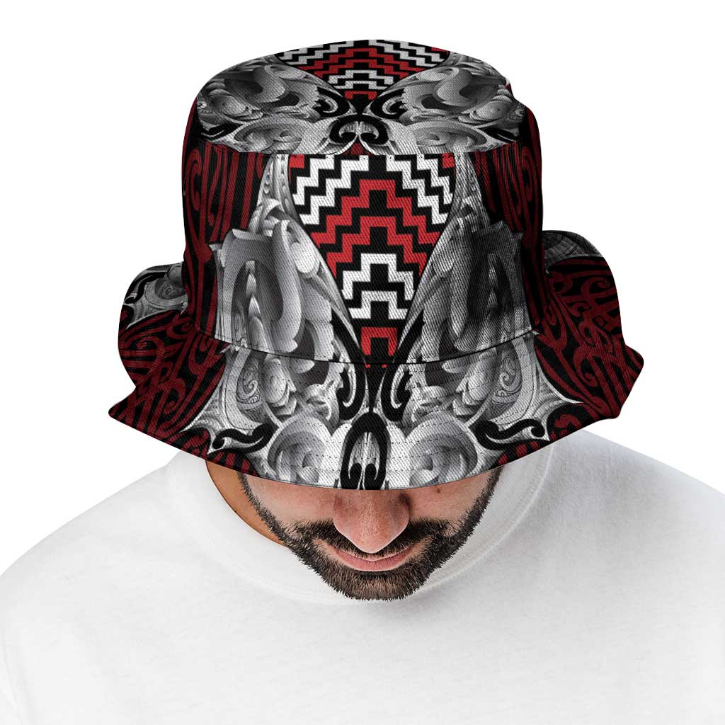 Aotearoa Kowhaiwhai Poutama Red Motif Bucket Hat