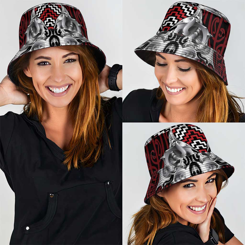 Aotearoa Kowhaiwhai Poutama Red Motif Bucket Hat