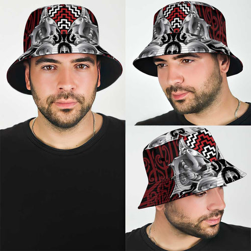 Aotearoa Kowhaiwhai Poutama Red Motif Bucket Hat