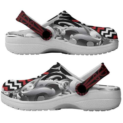 Aotearoa Kowhaiwhai Poutama Red Motif Clogs Shoes