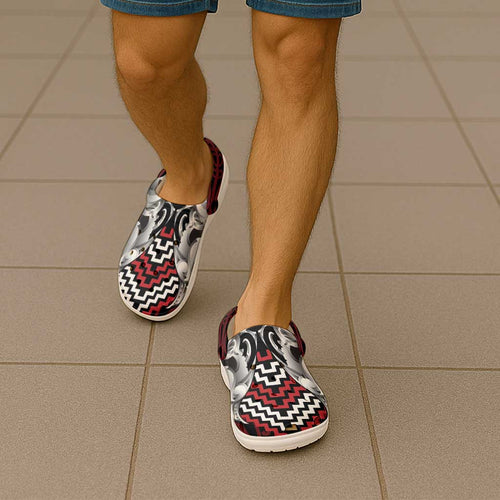 Aotearoa Kowhaiwhai Poutama Red Motif Clogs Shoes