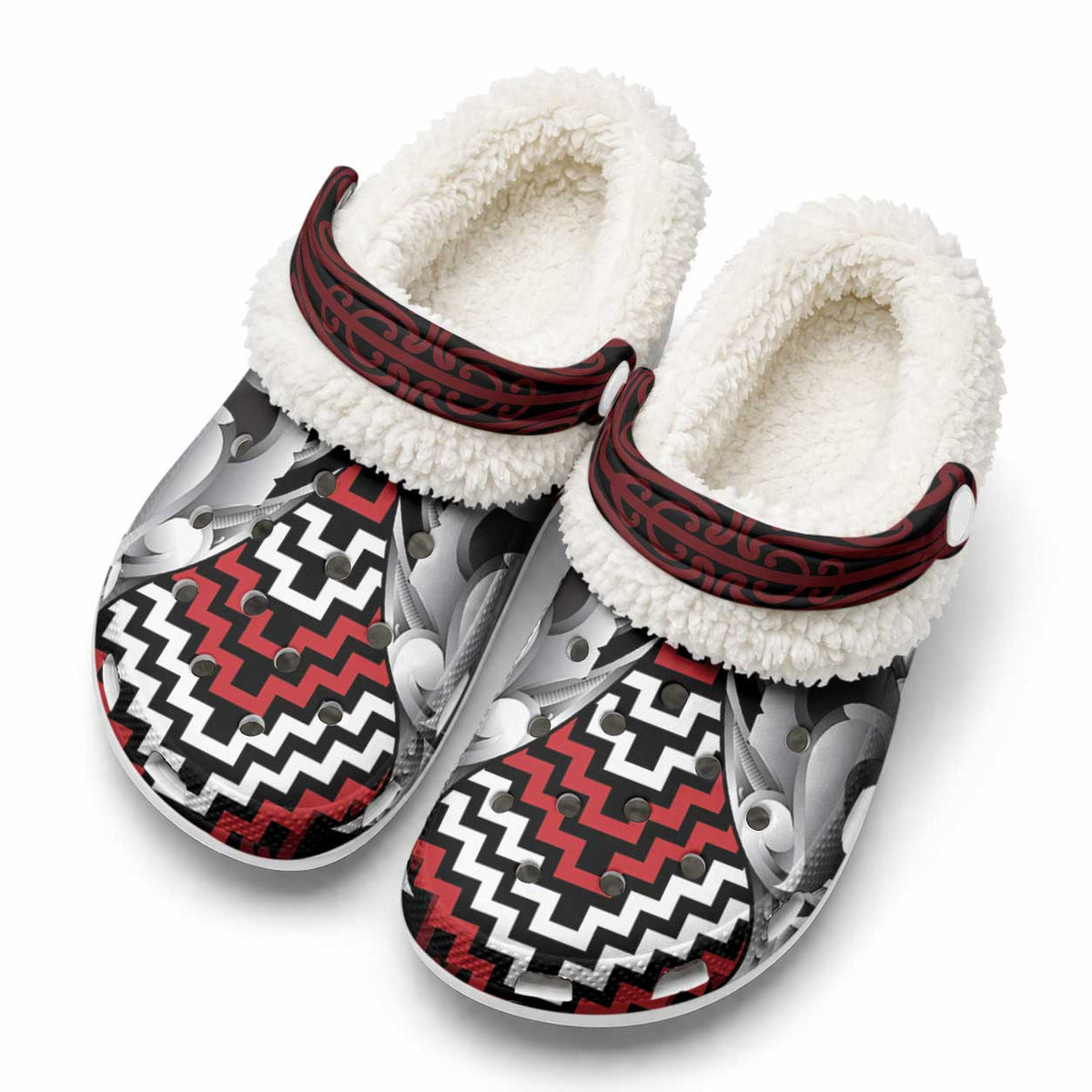 Aotearoa Kowhaiwhai Poutama Red Motif Fleece Clogs