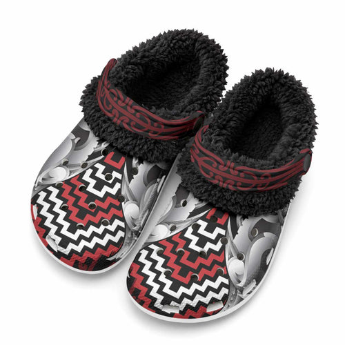 Aotearoa Kowhaiwhai Poutama Red Motif Fleece Clogs