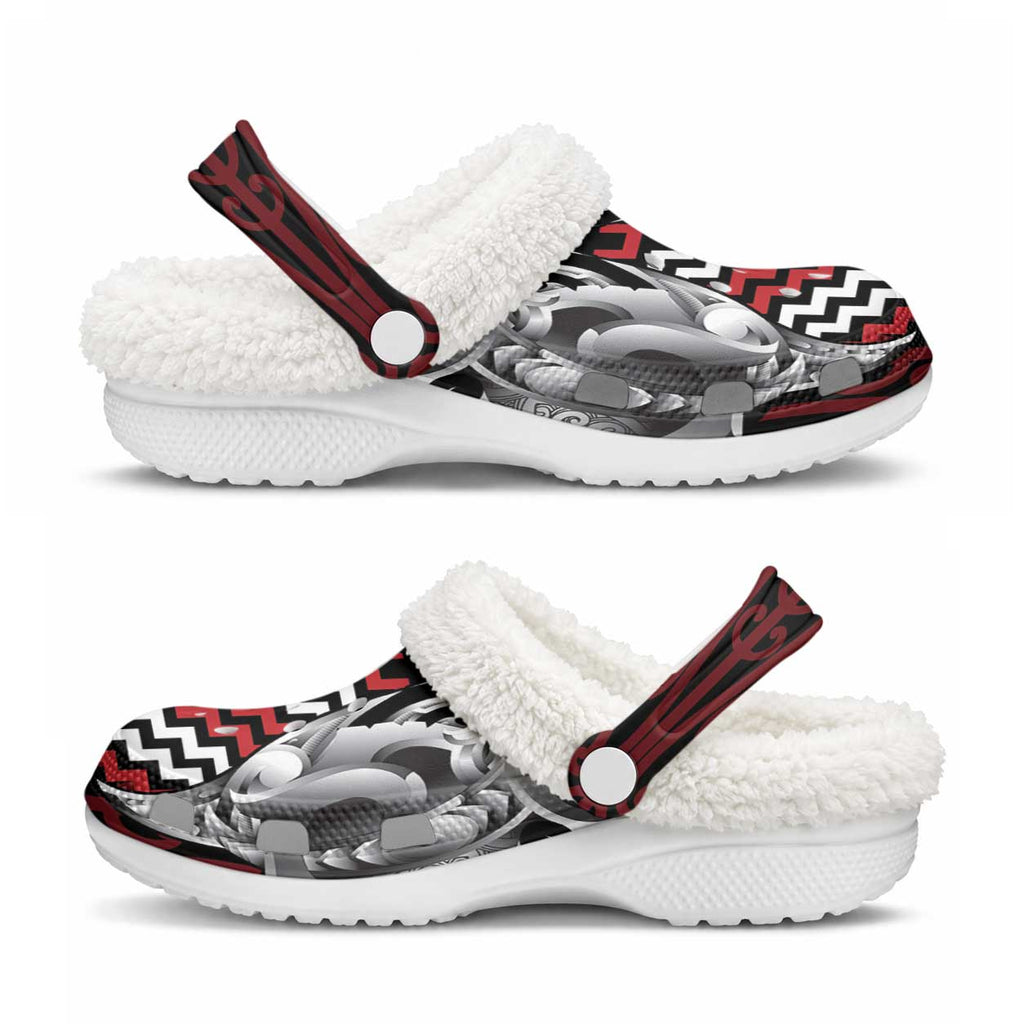 Aotearoa Kowhaiwhai Poutama Red Motif Fleece Clogs