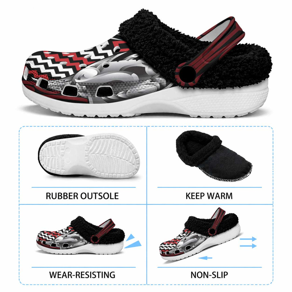 Aotearoa Kowhaiwhai Poutama Red Motif Fleece Clogs