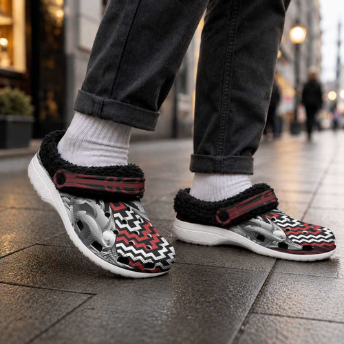 Aotearoa Kowhaiwhai Poutama Red Motif Fleece Clogs