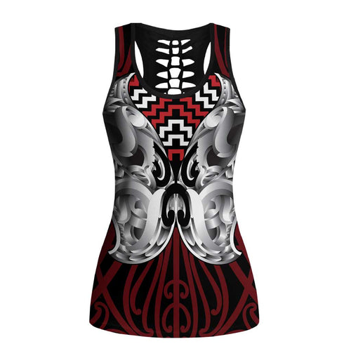 Aotearoa Kowhaiwhai Poutama Red Motif Hollow Tank Top