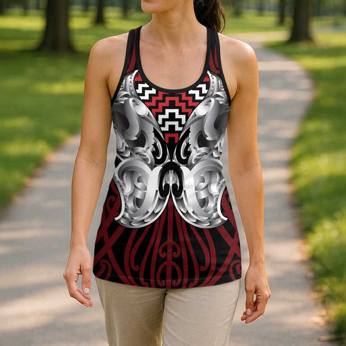 Aotearoa Kowhaiwhai Poutama Red Motif Hollow Tank Top