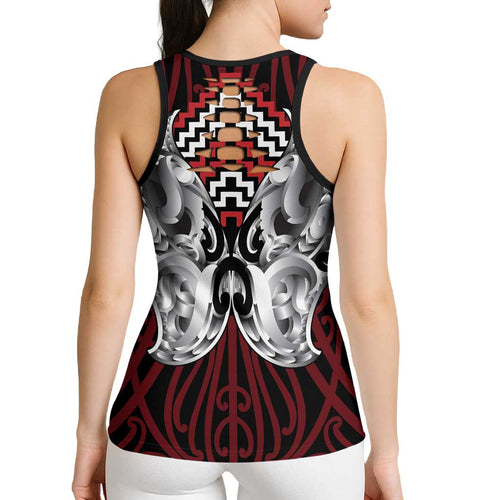 Aotearoa Kowhaiwhai Poutama Red Motif Hollow Tank Top
