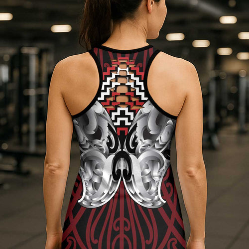 Aotearoa Kowhaiwhai Poutama Red Motif Hollow Tank Top
