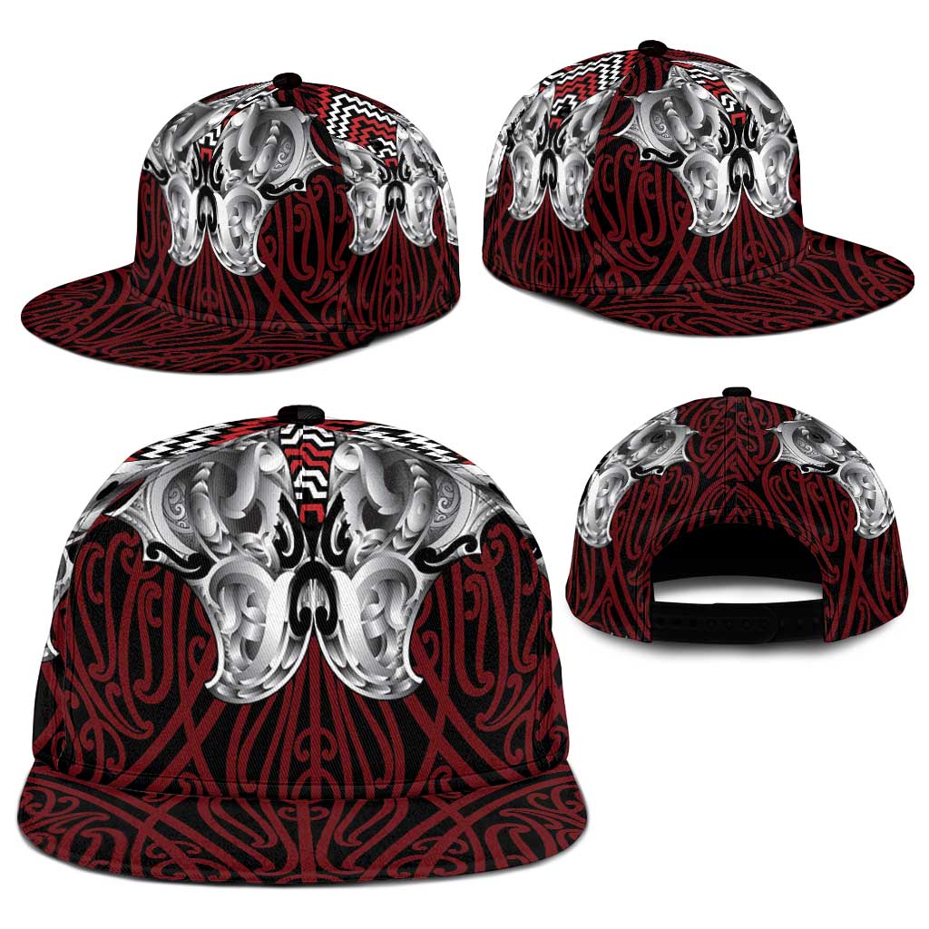 Aotearoa Kowhaiwhai Poutama Red Motif Snapback Cap