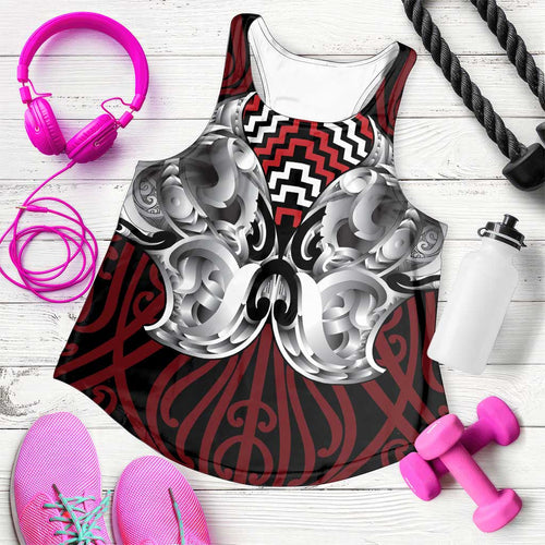Aotearoa Kowhaiwhai Poutama Red Motif Women Racerback Tank