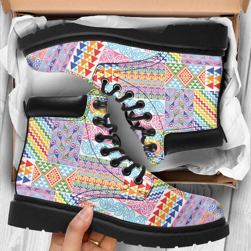 Aotearoa Kowhaiwhai Taniko Patchwork Rainbow Motifs All Season Boots