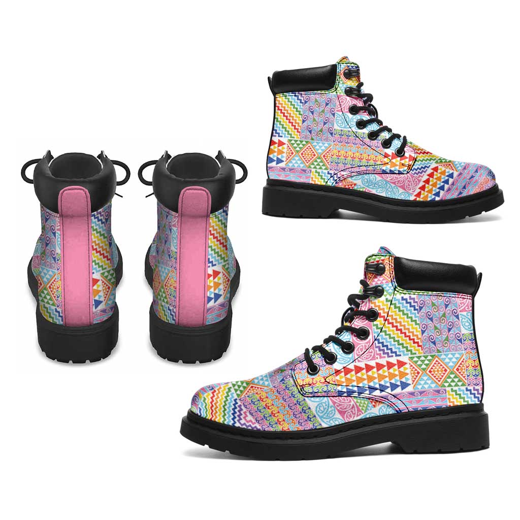 Aotearoa Kowhaiwhai Taniko Patchwork Rainbow Motifs All Season Boots