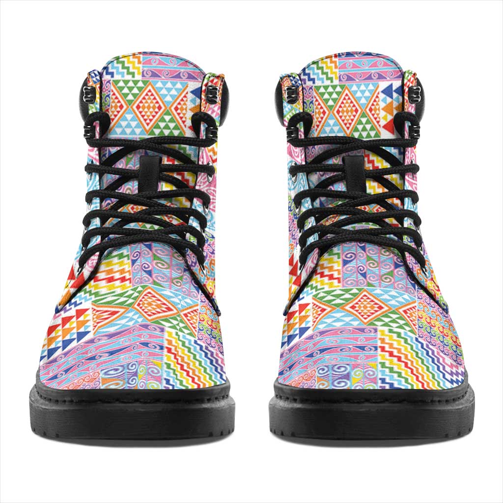 Aotearoa Kowhaiwhai Taniko Patchwork Rainbow Motifs All Season Boots