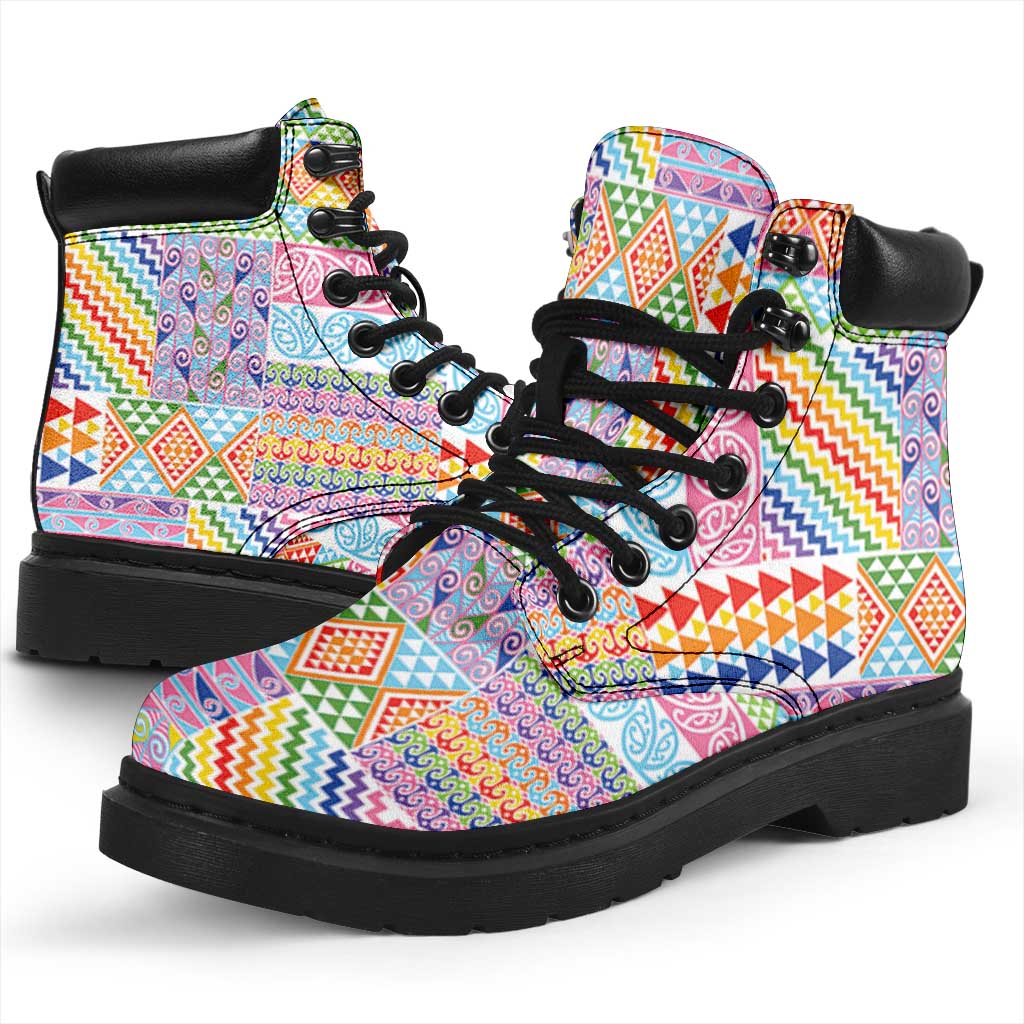 Aotearoa Kowhaiwhai Taniko Patchwork Rainbow Motifs All Season Boots