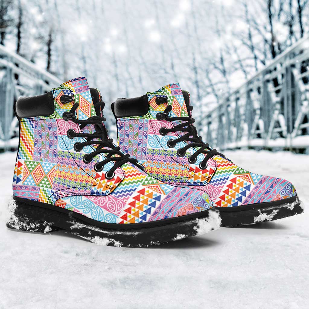 Aotearoa Kowhaiwhai Taniko Patchwork Rainbow Motifs All Season Boots