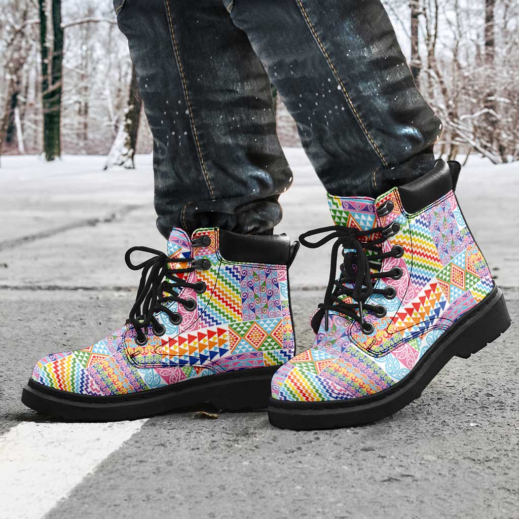 Aotearoa Kowhaiwhai Taniko Patchwork Rainbow Motifs All Season Boots