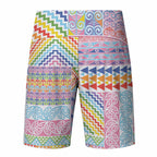 Aotearoa Kowhaiwhai Taniko Patchwork Rainbow Motifs Board Shorts