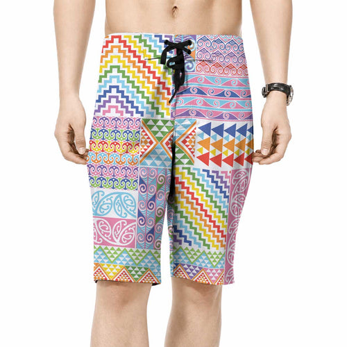 Aotearoa Kowhaiwhai Taniko Patchwork Rainbow Motifs Board Shorts