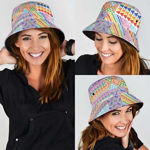 Aotearoa Kowhaiwhai Taniko Patchwork Rainbow Motifs Bucket Hat