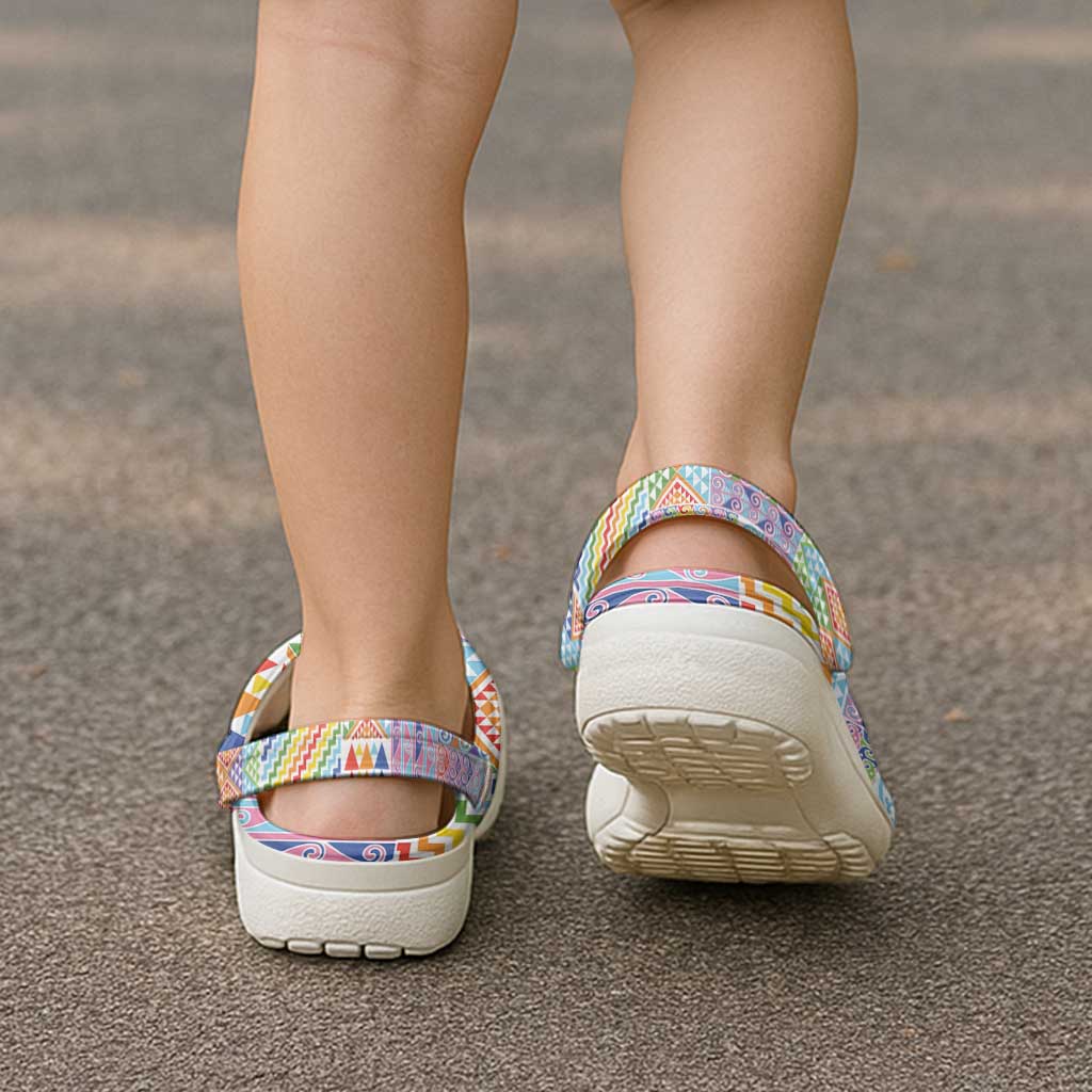 Aotearoa Kowhaiwhai Taniko Patchwork Rainbow Motifs Clogs Shoes