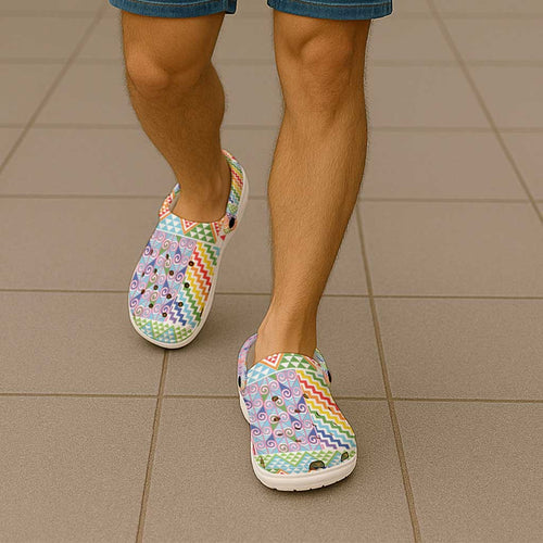 Aotearoa Kowhaiwhai Taniko Patchwork Rainbow Motifs Clogs Shoes