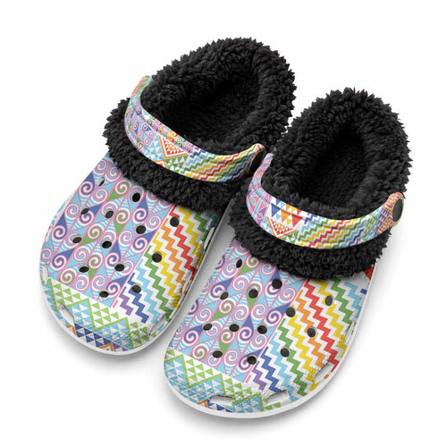Aotearoa Kowhaiwhai Taniko Patchwork Rainbow Motifs Fleece Clogs