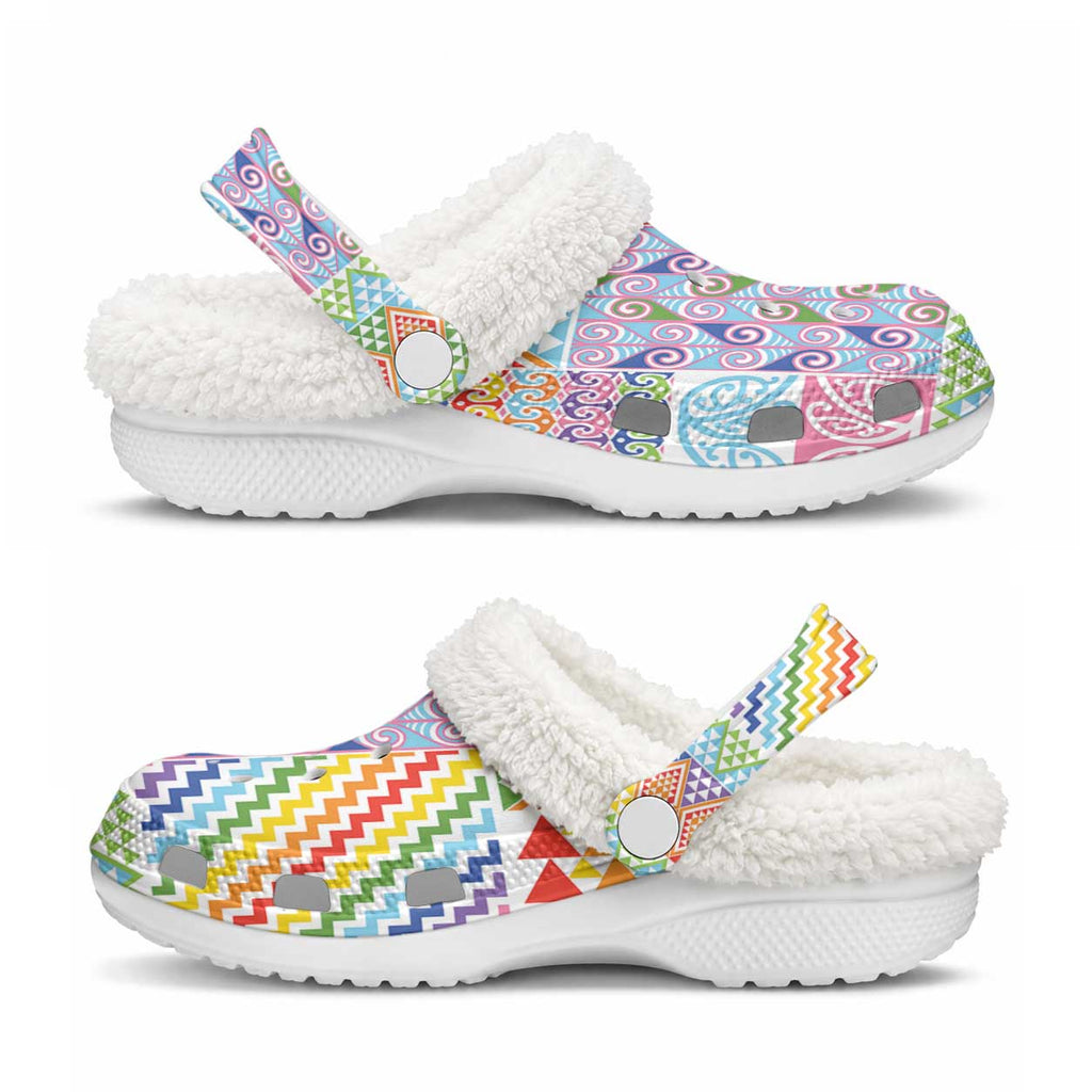 Aotearoa Kowhaiwhai Taniko Patchwork Rainbow Motifs Fleece Clogs