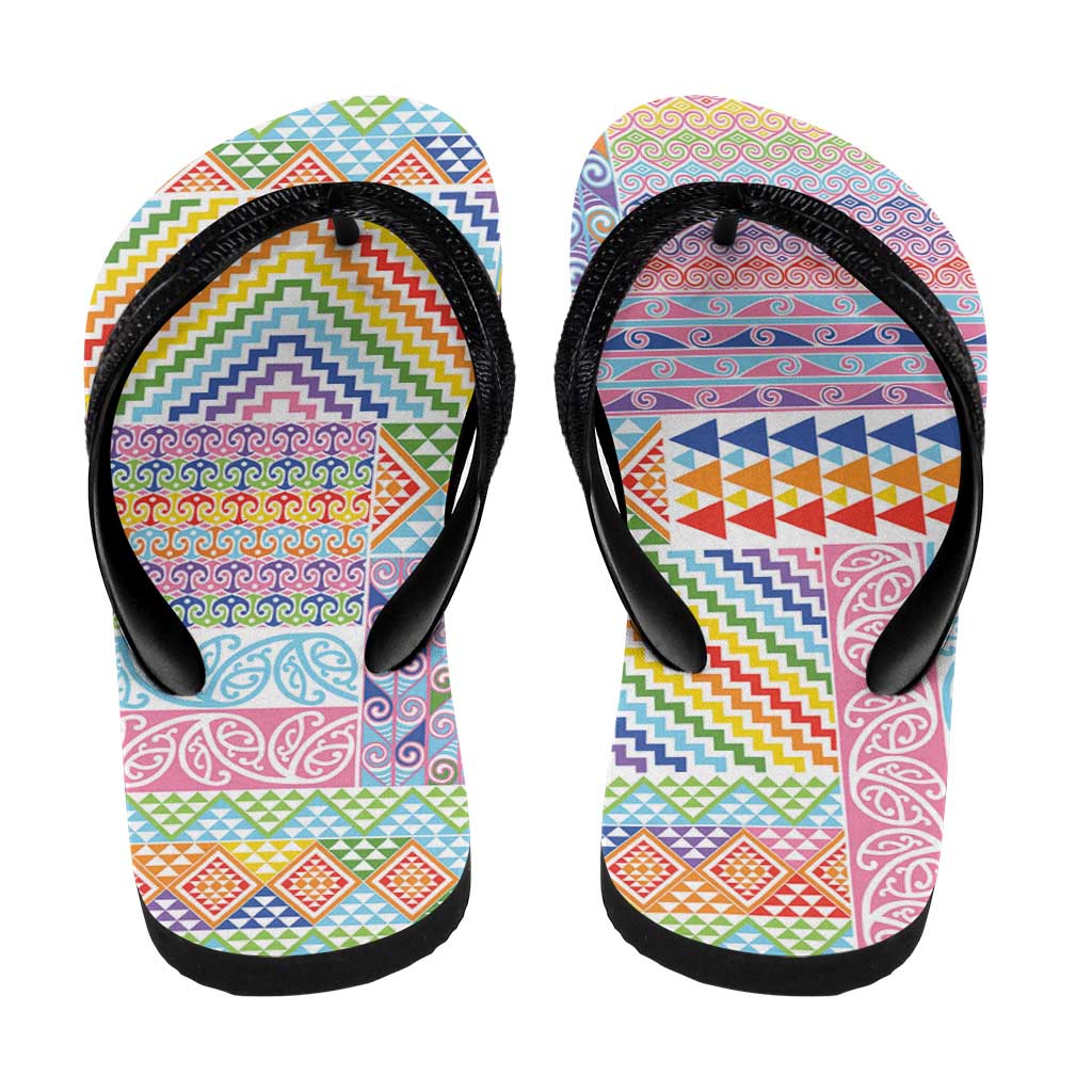 Aotearoa Kowhaiwhai Taniko Patchwork Rainbow Motifs Flip Flops